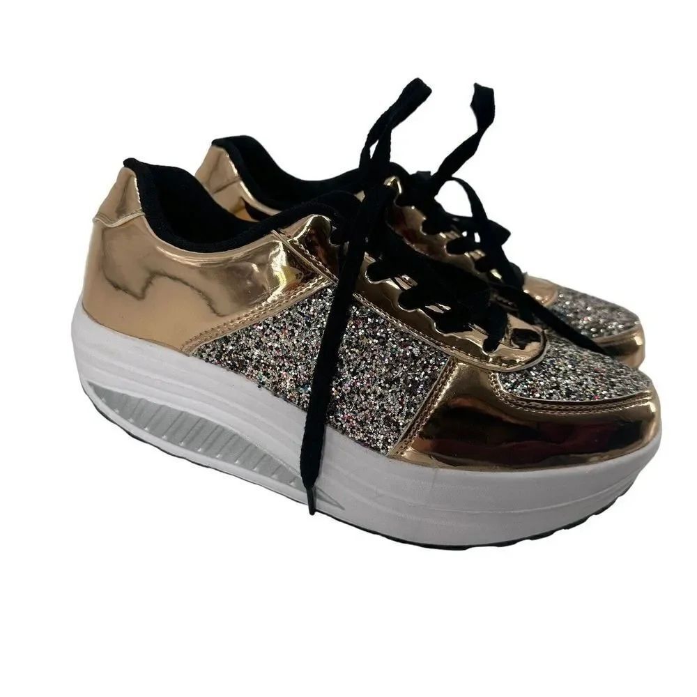 Glitter Metallic Rocking Sneakers Fashion Rose Gold Rainbow Glitter US Size 7